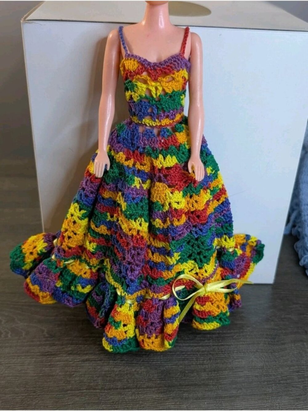Handmade Crochet Barbie Rainbow Maxi Dress – Boho Hippie 70s Style – Shell